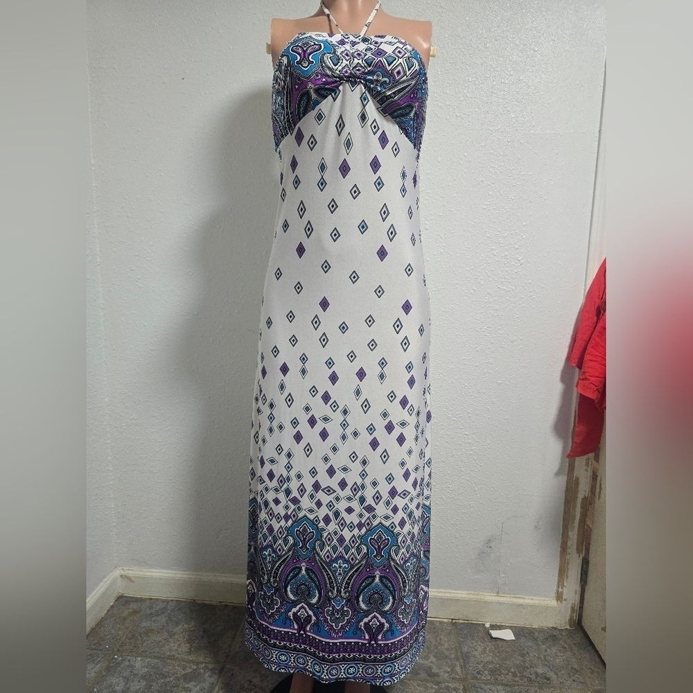 Elegant White and Purple Maxi Dress